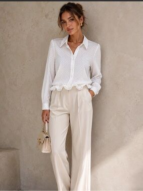 Biscote White Rhinestone- Raffle Hem Button Front Blouse. Size 2